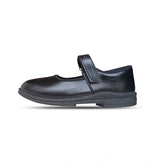 Black Rexine school shoes for girls with Velcro closure and block heel